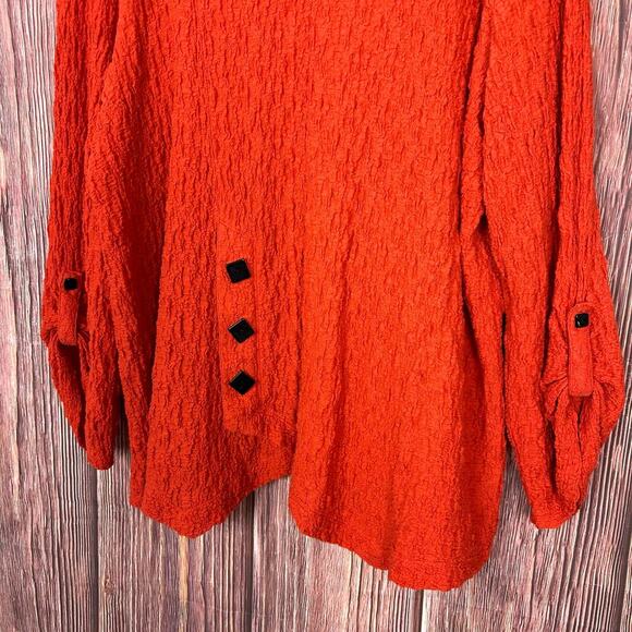Ali Miles Womens 3X Tunic Top Orange Crinkle Roll Tab Sleeves Black Bottons - Picture 4 of 5